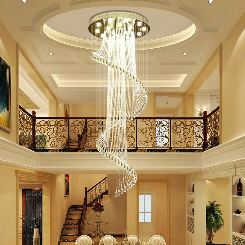 Flush Mounted Spiral Crystal Drops Chandelier Round LED Ceiling Lighting Fixture For Foyer Staircase/ Hotel Entrance