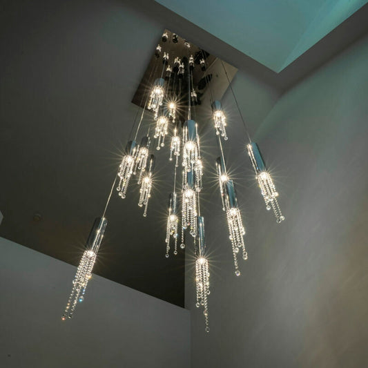 Foyer Staircase Chrome Ceiling Light Fixture Silver Crystal Pendant Chandelier For Hallway Entrance