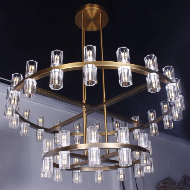 Oversized Round 2 Layers Crystal Pendant Brass Rings Chandelier for Foyer/Living/Dining Room