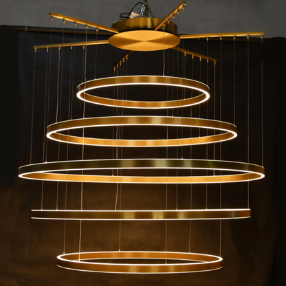 LIANA ROUND 5-RING DOUBLE LED CHANDELIER,chandelier,chandeliers,pendant,circle,rings,round,multi-tier,multi-layer,layer,tier,multi-ring,ceiling,brass,copper,foyer,living room,entrys,gold,oversized,huge,big,large