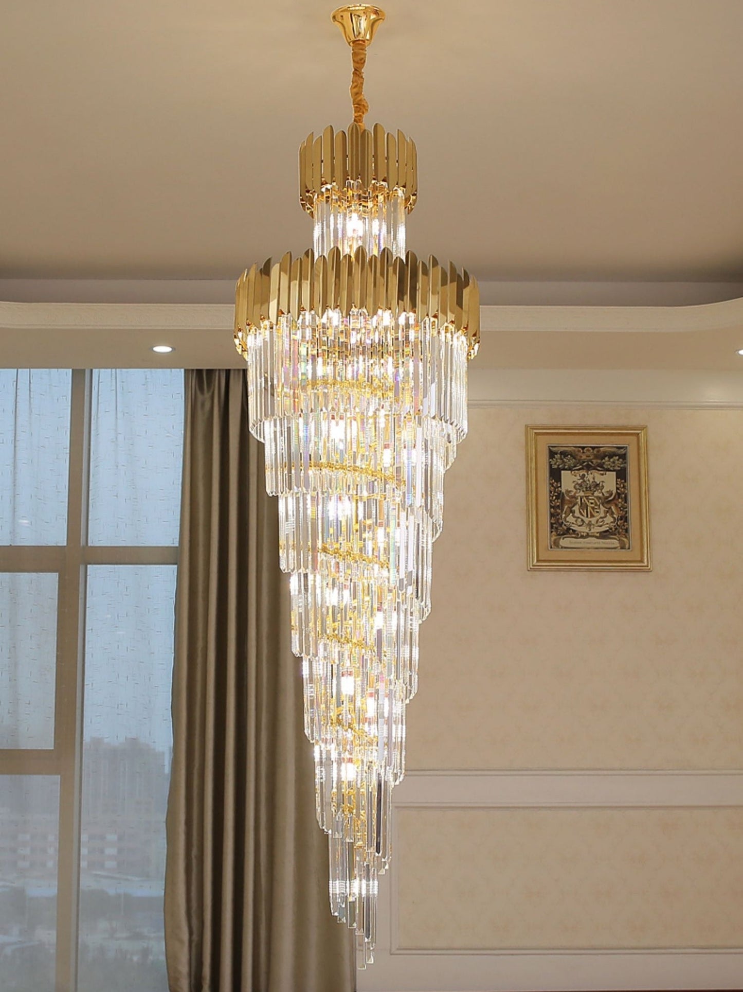 Luxury Gold Trimmed Long Crystal Chandelier Foyer Staircase Extra Large Ceiling Light Fixture