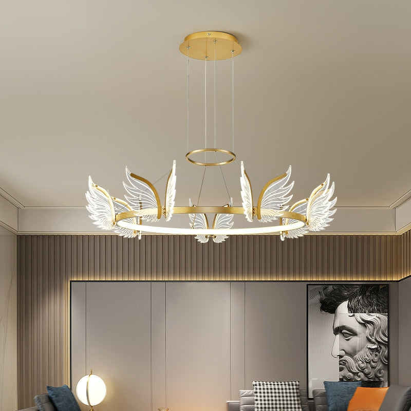 Modern Living Room LED Chandelier Two Rings Butterfly Entryway Ceiling Pendant Lighting Fixture In Gold/ Black Finish