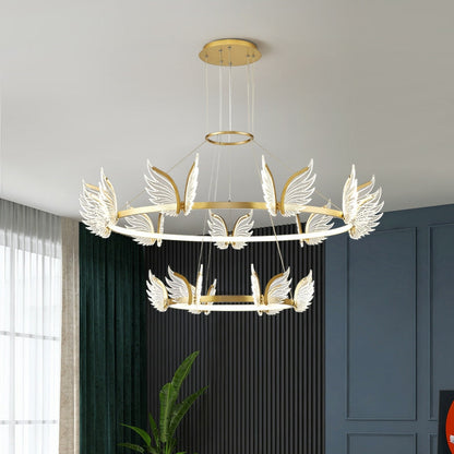 Modern Living Room LED Chandelier Two Rings Butterfly Entryway Ceiling Pendant Lighting Fixture In Gold/ Black Finish