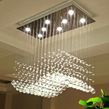 Modern Chrome Rectangle Dining Table Ceiling Chandelier Wave Crystal Ball Drops Hanging Pendant Light