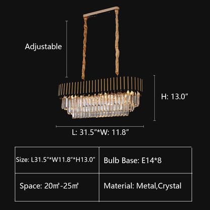 Oval: L31.5"*W11.8"*H13.0" chandelier,chandeliers,crystal,metal,clear crystal,gold metal,branch,multi-tier,tiers,ceiling,living room,dining room,overswized,round,rectangle,oval