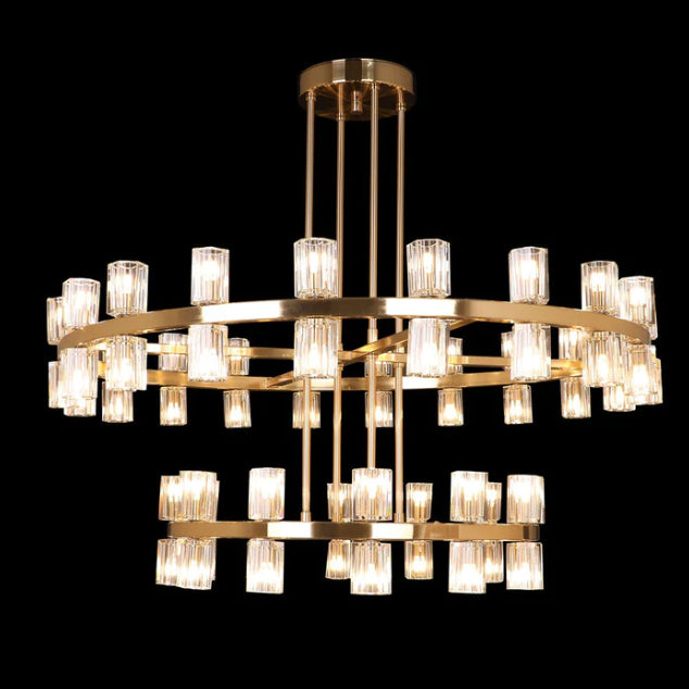 Oversized Round 2 Layers Crystal Pendant Brass Rings Chandelier for Foyer/Living/Dining Room