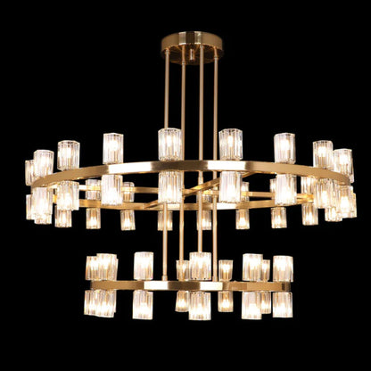 Oversized Round 2 Layers Crystal Pendant Brass Rings Chandelier for Foyer/Living/Dining Room