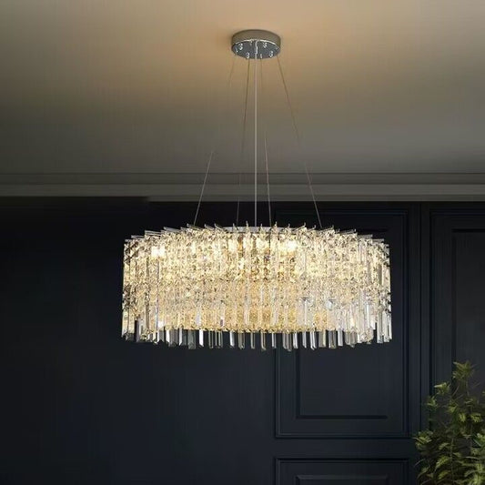 chandelier,chandeliers,pendant,round,oval,ceiling,crystal,metal,chrome,silver,clear crystal,adjustable,chain,light luxury,luxury,living room,dining room,foyer,entrys,hallway,bathroom,bedroom,home office