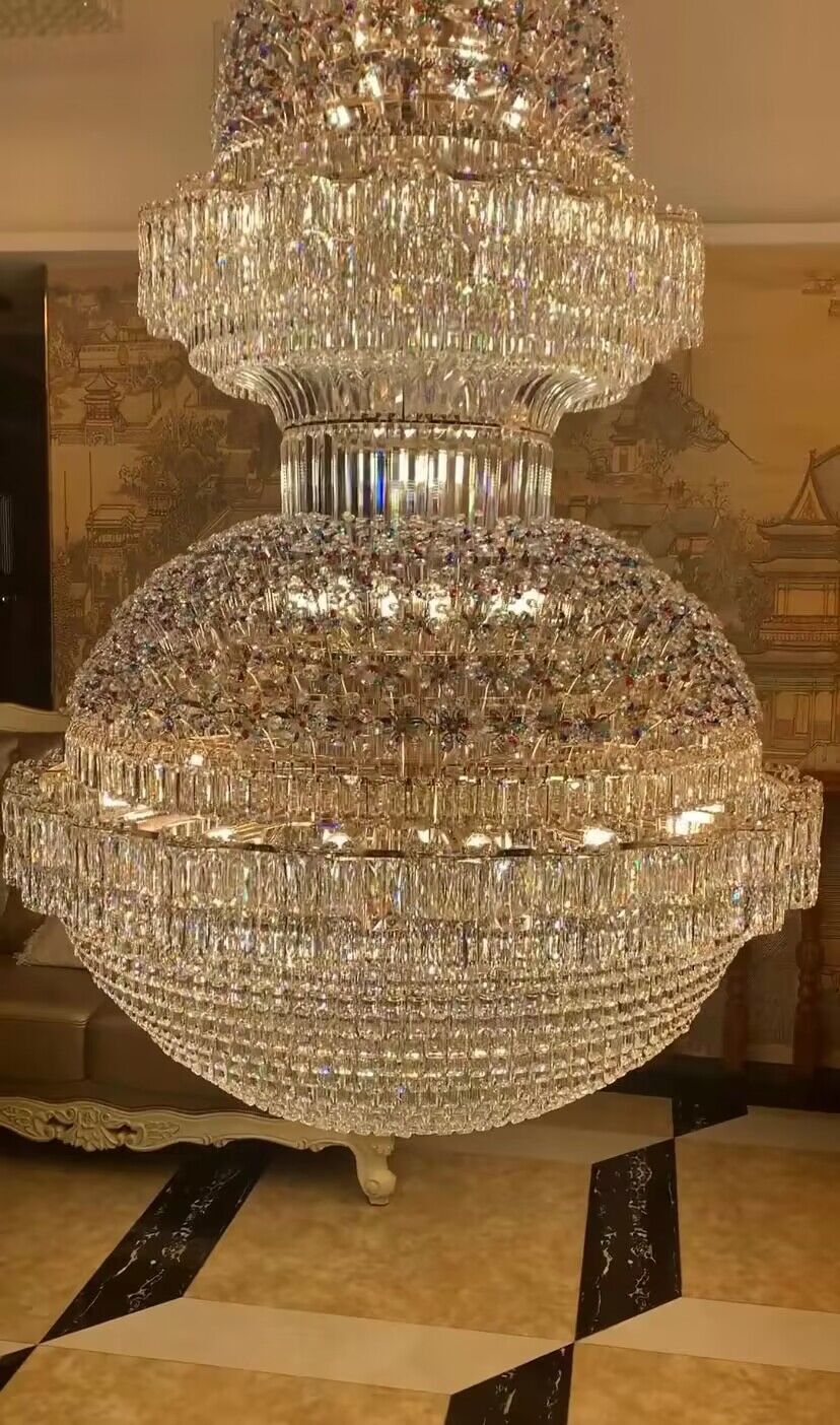 Golden Era Grand Fountain Clear Crystal Chandelier of Luxury and Opulence for High-ceiling