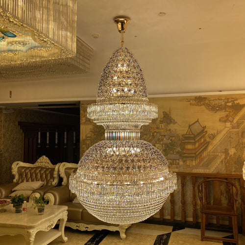 chandelier,chaandeliers,pendant,crystal,metal,gold,luxury,empire,ceiling,tiers,layers,multi-tier,extra large,oversized,large,huge,big,living room,dining room,high-ceiling room,foyer,stairs,hallway,entryance,hotel lobby,duplex hall,loft