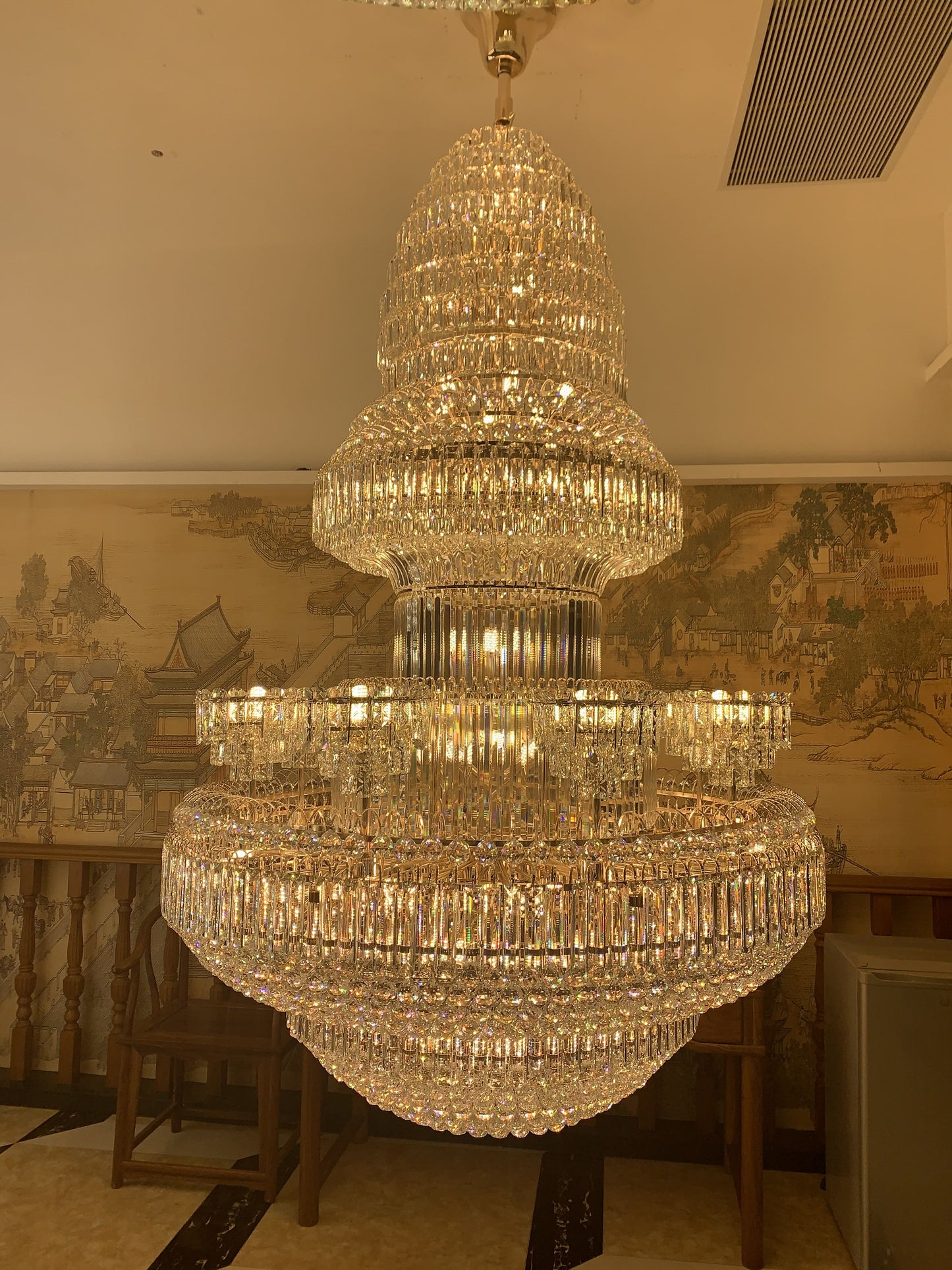 Golden Era Grand Fountain Clear Crystal Chandelier of Luxury and Opulence for High-ceiling