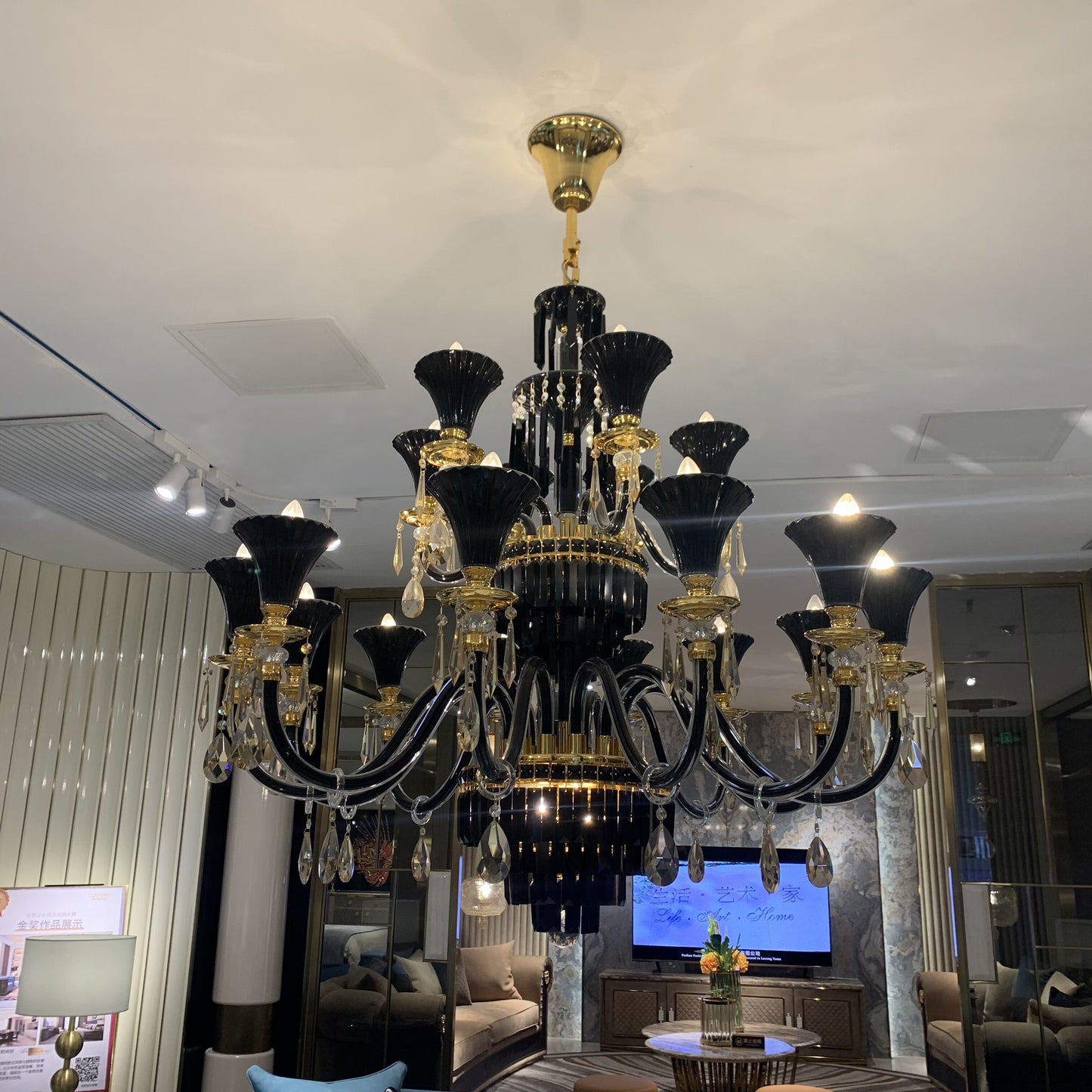 Traditional Black And Gold Candle Branch Crystal Pendant Ceiling Chandelier for Living/Dining Room