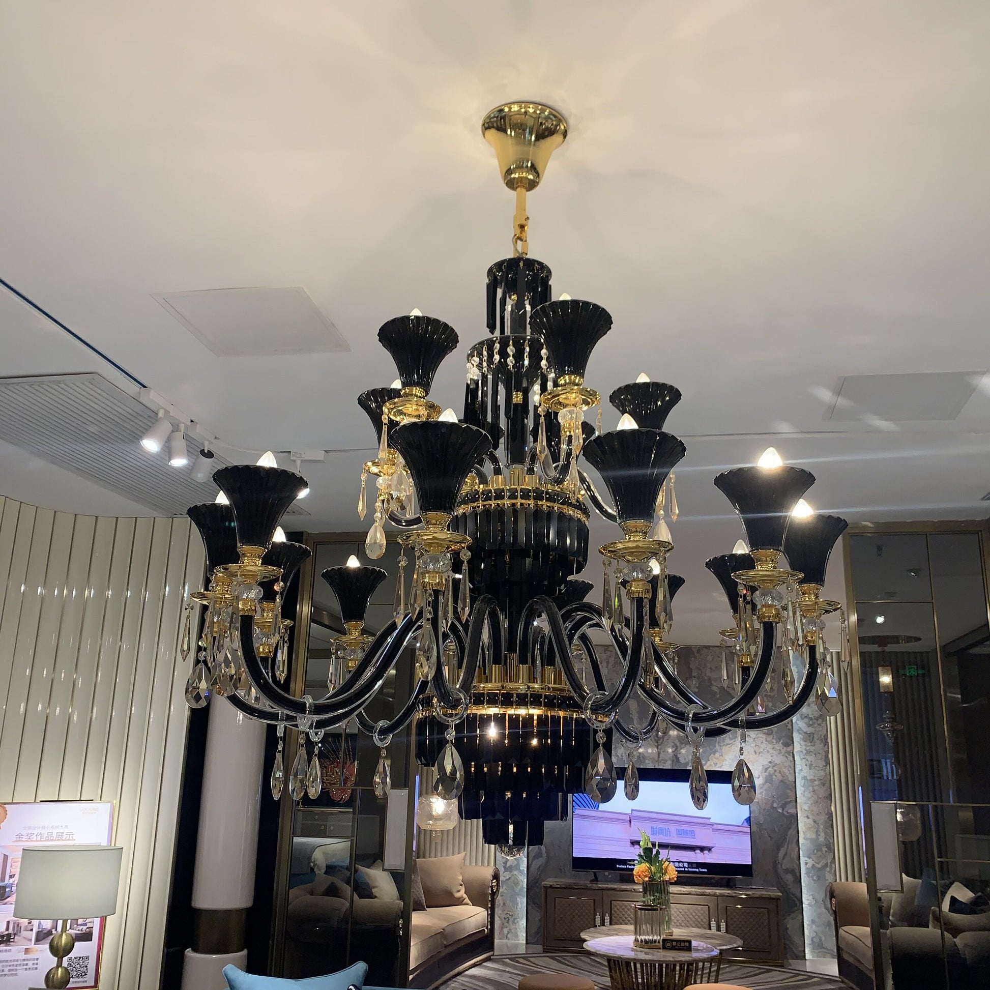 candle,chandelier,chandeliers,pendant,black,gold,branch,raindrop,teardrop,crystal,metal,ceiling,tiers,layers,multipe,oversized,luxury,modern,post-modern,living room,dining  room,bedroom,foyer,entrys,hallway