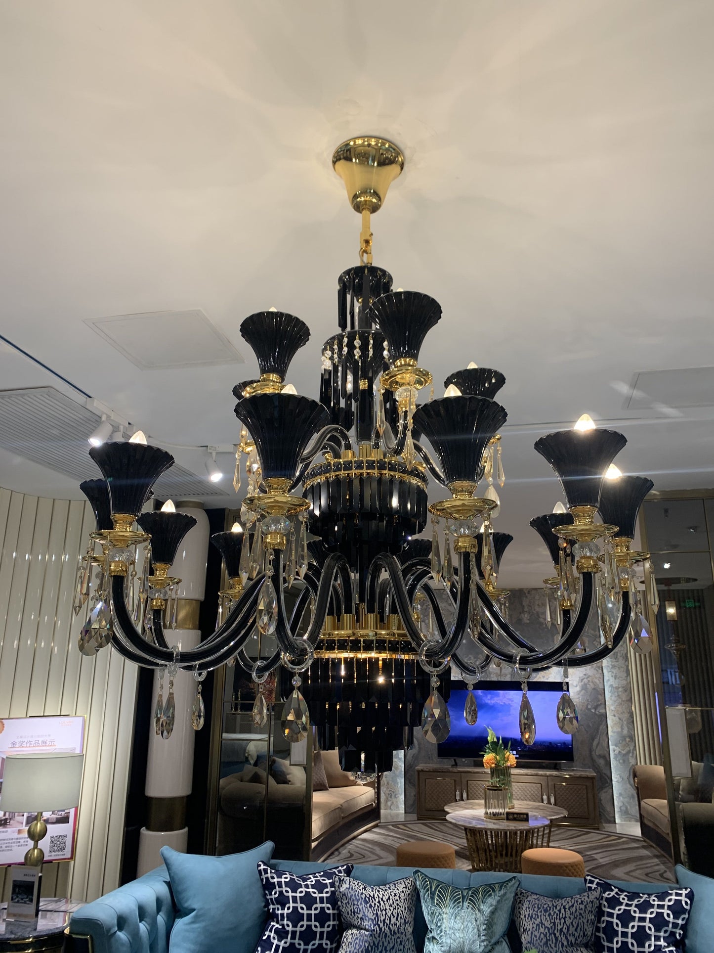 Traditional Black And Gold Candle Branch Crystal Pendant Ceiling Chandelier for Living/Dining Room