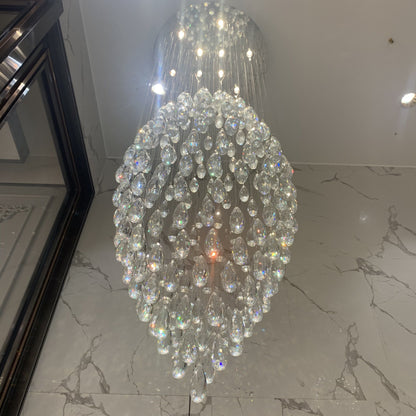 chandelier,chandeliers,crystal,pendant,metal,oval,extra large,large,huge,big,oversized,long,raindrop,teardrop,flush mount,ceiling,living room,dining room,foyer,stairs,spiral staircase,entrys,hallway,hotel lobby,duplex hall,loft