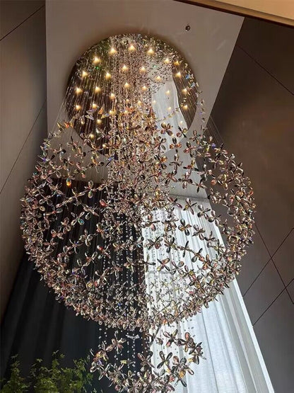 Extra Large Art Spiral Pendant Colorful Flower Crystal Ceiling Chandelier for Stairs/Foyers