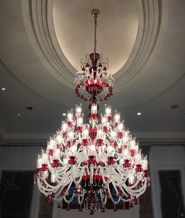 Oversized Traditional Red Glass Multi-layer Candle Branch Crystal Chandelier for Foyer/Stairs/Entrys/Hotel Lobby