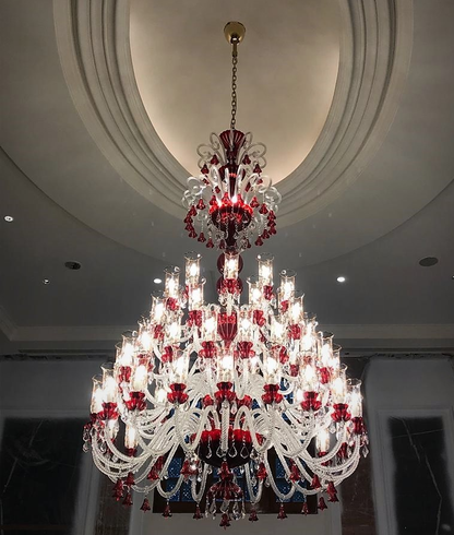 Oversized Traditional Red Glass Multi-layer Candle Branch Crystal Chandelier for Foyer/Stairs/Entrys/Hotel Lobby