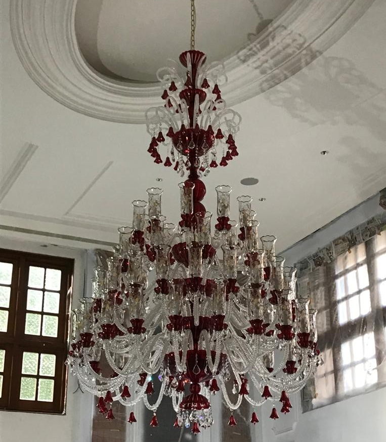 Oversized Traditional Red Glass Multi-layer Candle Branch Crystal Chandelier for Foyer/Stairs/Entrys/Hotel Lobby