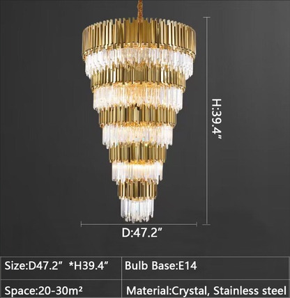 3 Layers: D47.2"*H39.4" chandelier,chandeliers,crystal,metal,gold,clear,round,multi-tier,multi-layer,tiers,layers,luxury,light luxury,round,rods,extra large,large,oversized,huge,big,long,stairs,living room,foyer,entrys,big hallway,duplex hall,loft