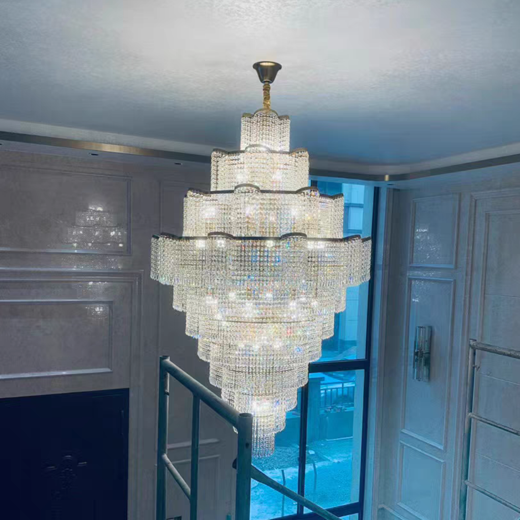 Extra Large Ligh Luxury Multi-layer Flower Crystal Pendant Long Chandelier for Living Room/Foyer/Hotel Lobby