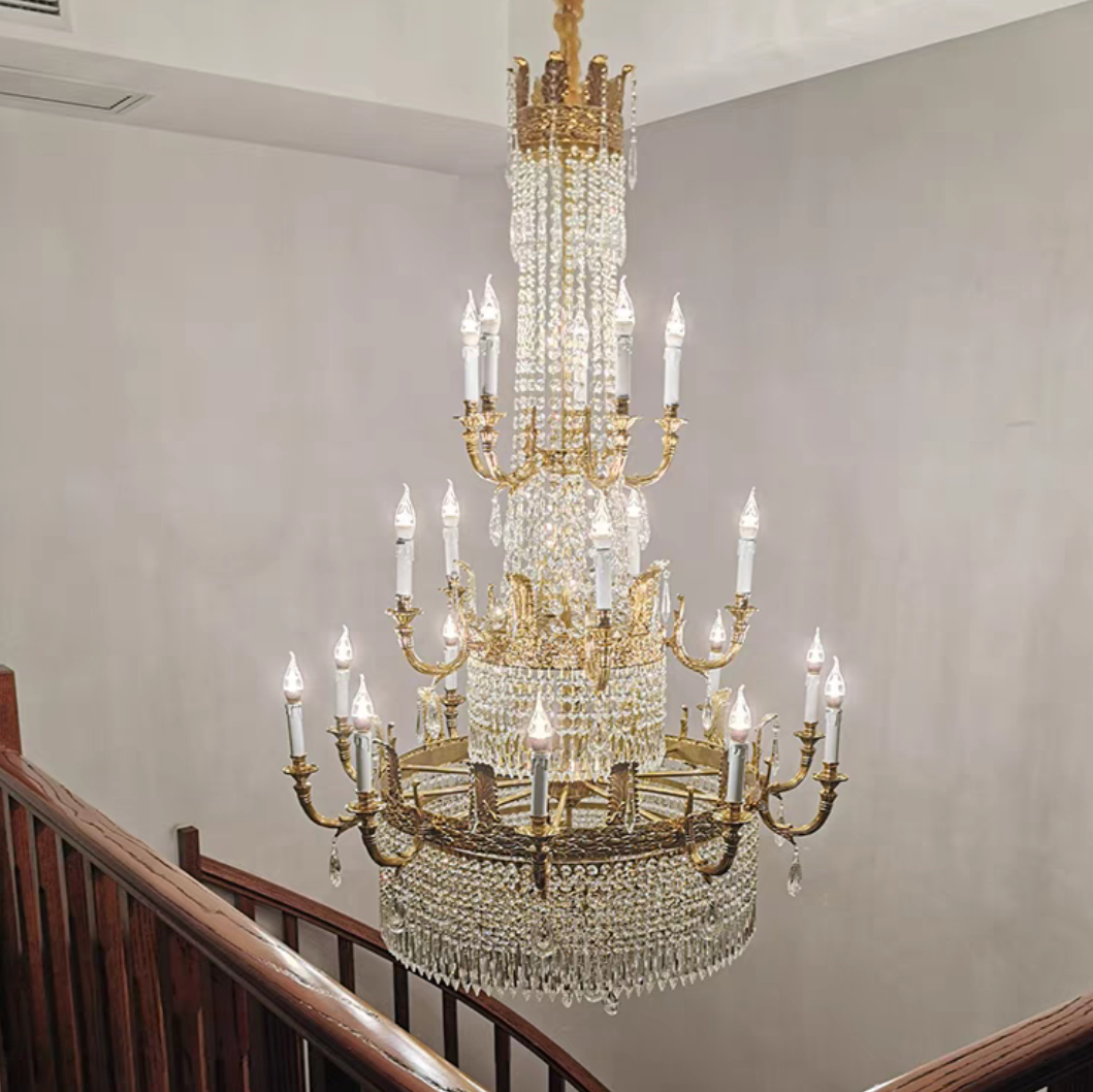 Oversized Light Luxury Golden Empire Candle Raindrop Crystal Chandelier for Duplex Hall/Foyer/Stairs/Hotel Lobby