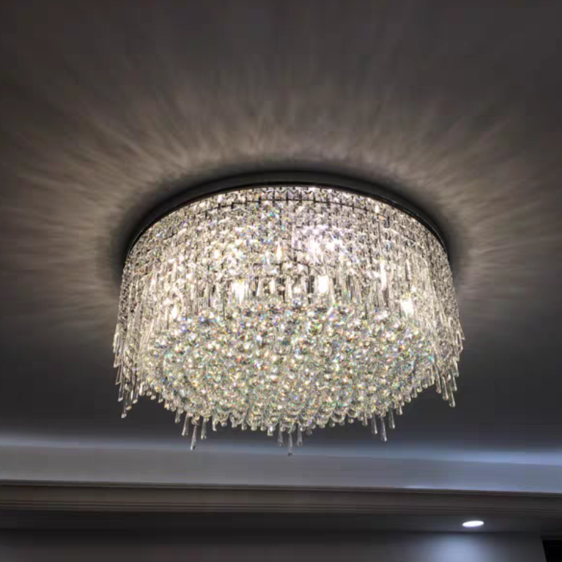 Luxury Round Tiers Flush Mount Crystal Ceiling Light for living room