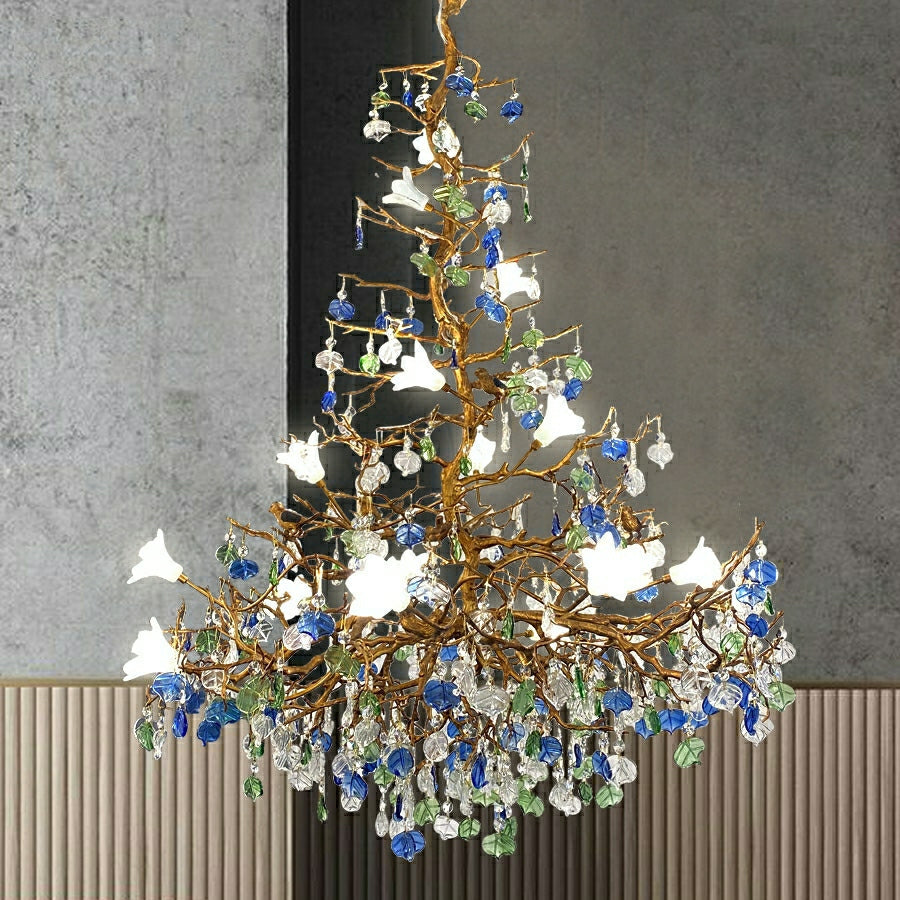 Stylish Flower Crystal Chandelier Brass Tree Branch Ceiling Light For Living Room Hotel Hall