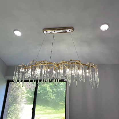 John Richard Brass and Glass Teardrop Nine-Light Chandelier,LUKAS LINEAR ORGANIC BRANCHING CHANDELIER,chandelier,chandeliers,brass,copper,branch,crystal pendant,crystal,raindrop,teardrop,dining table,long table,big table,kitchen bar,kitchen island,dining bar,gold