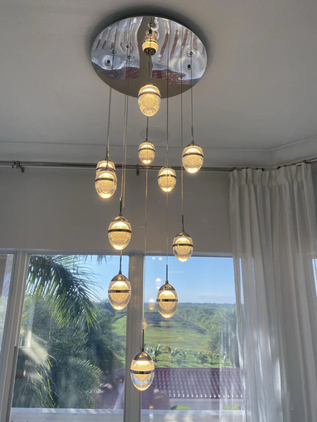 Flush Mount Extra Long Glass Bubble Pendant Chandelier for Foyer/Living Room/Stairs