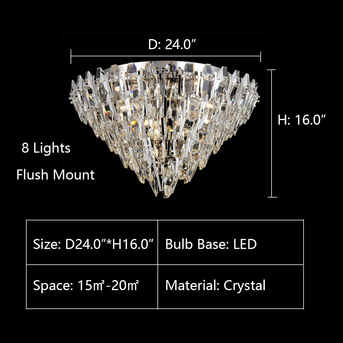 Flush Mount 8Lights: D24.0"*H16.0"  Sol Odeon Flushmount Crystal Chandelier,chandelier,chandeliers,crystal,metal,brass,round,tiers,layers,multi-tier,multi-layered,ceiling,flush mount,chain,adjustable,gold,chome,silver,living room,dining room,entryance,bedroom,foyer,hallway