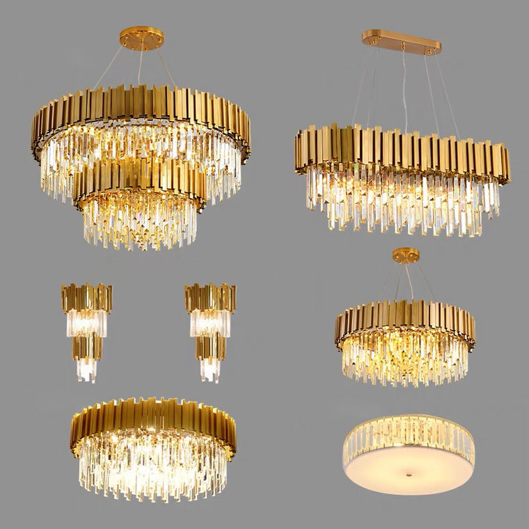 Tiered Gold Chandelier With Rectangle-Cut Crystal Modern LED Hanging Light