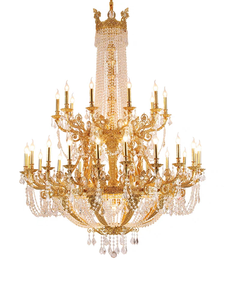 Extra Large Luxury Golden Empire Candle Raindrop Crystal Pendant Chandelier for Duplex Hall/Foyer/Stairs/Hotel Lobby