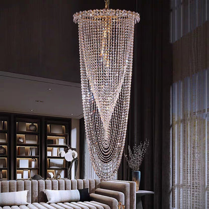 Extra Long Light Luxury Tiered Tassel Watefall Crystal Chandelier for Spiral Staircase/Villa/Hotel Lobby/Foyer