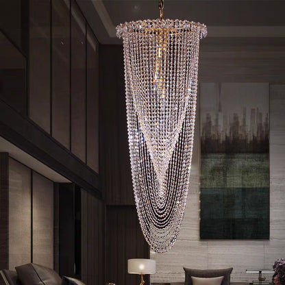 Extra Long Light Luxury Tiered Tassel Watefall Crystal Chandelier for Spiral Staircase/Villa/Hotel Lobby/Foyer
