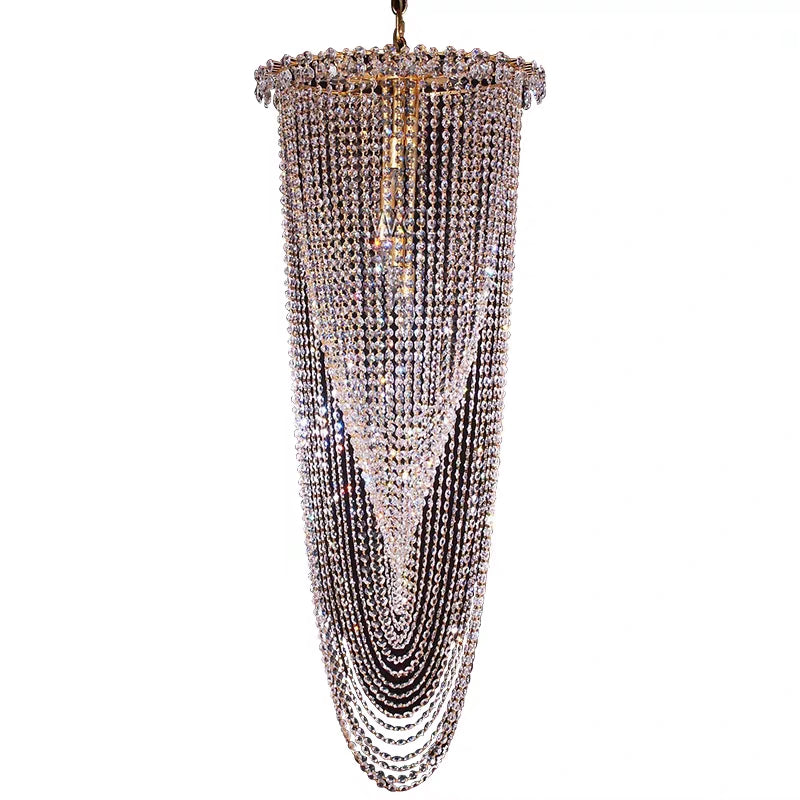 Extra Long Light Luxury Tiered Tassel Watefall Crystal Chandelier for Spiral Staircase/Villa/Hotel Lobby/Foyer