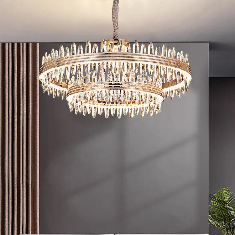 chandelier,chandeliers,pendant,round,rings,ultirings,multitier,tiers,layers,creative,art,crystal,metal,gold,clear crystal,living room,dining room,bedroom,bar,kitchen island,ceiling